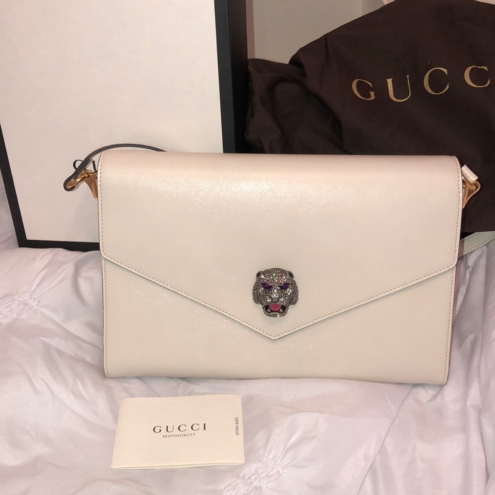 Gucci White Handbag with diamond feline head
